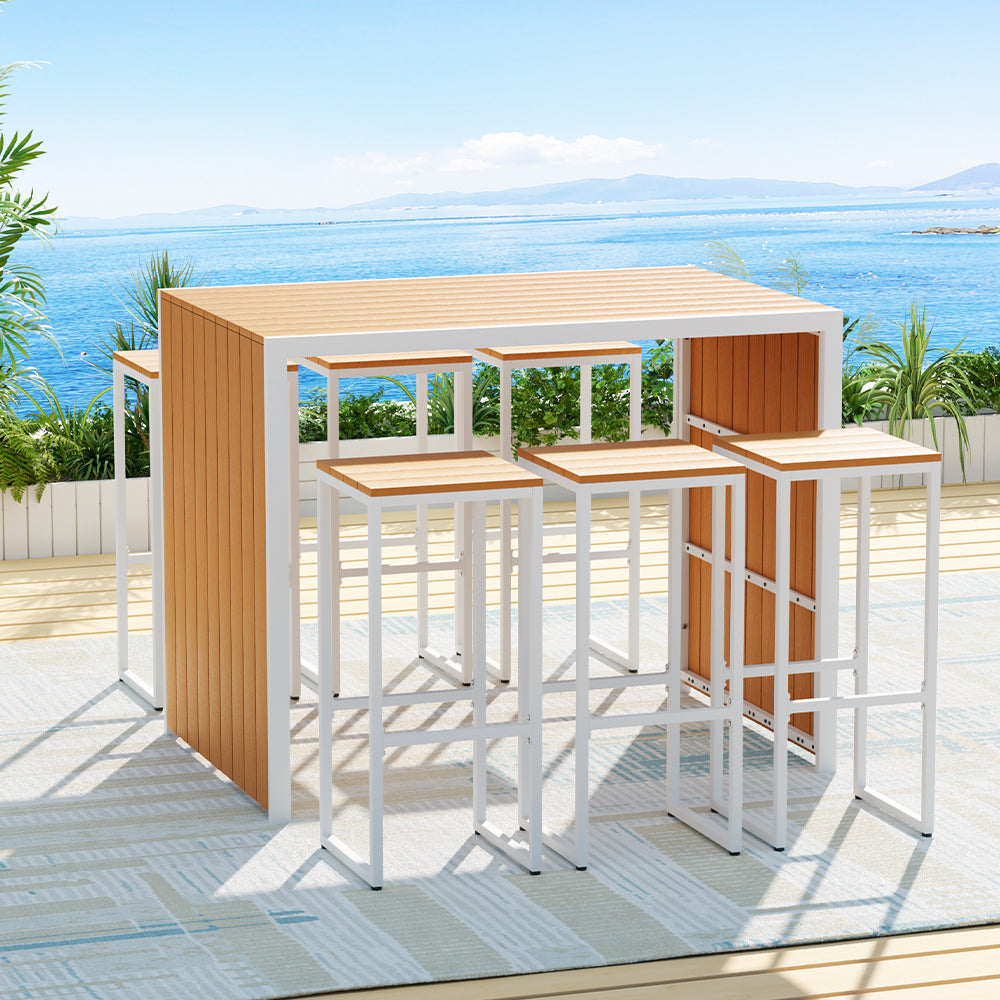 Gardeon 7-Piece Outdoor Bar Set 6-Seater Table Chairs Brown
