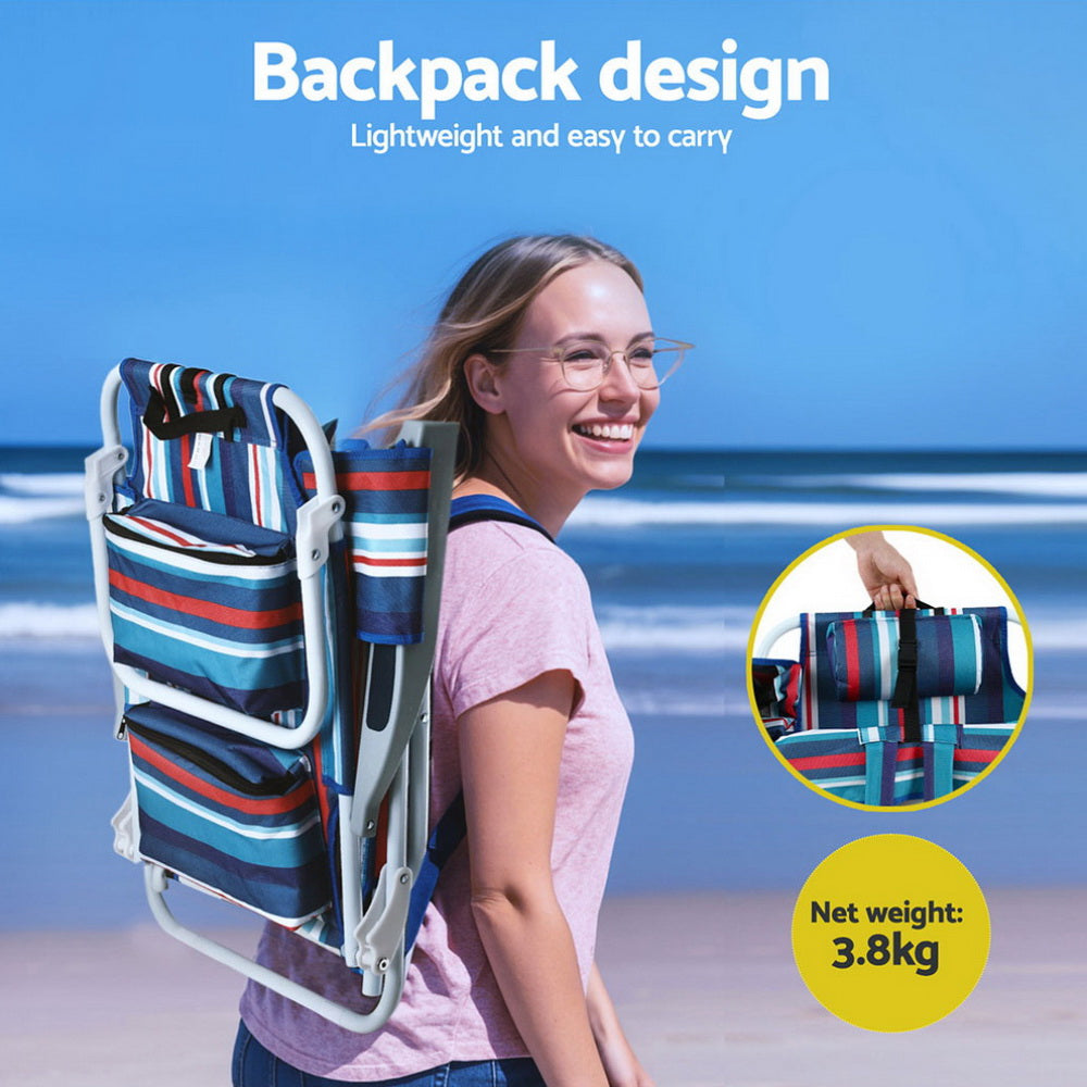Gardeon Beach Backpack Chairs Cooler Storage Lightweight Blue Stripes
