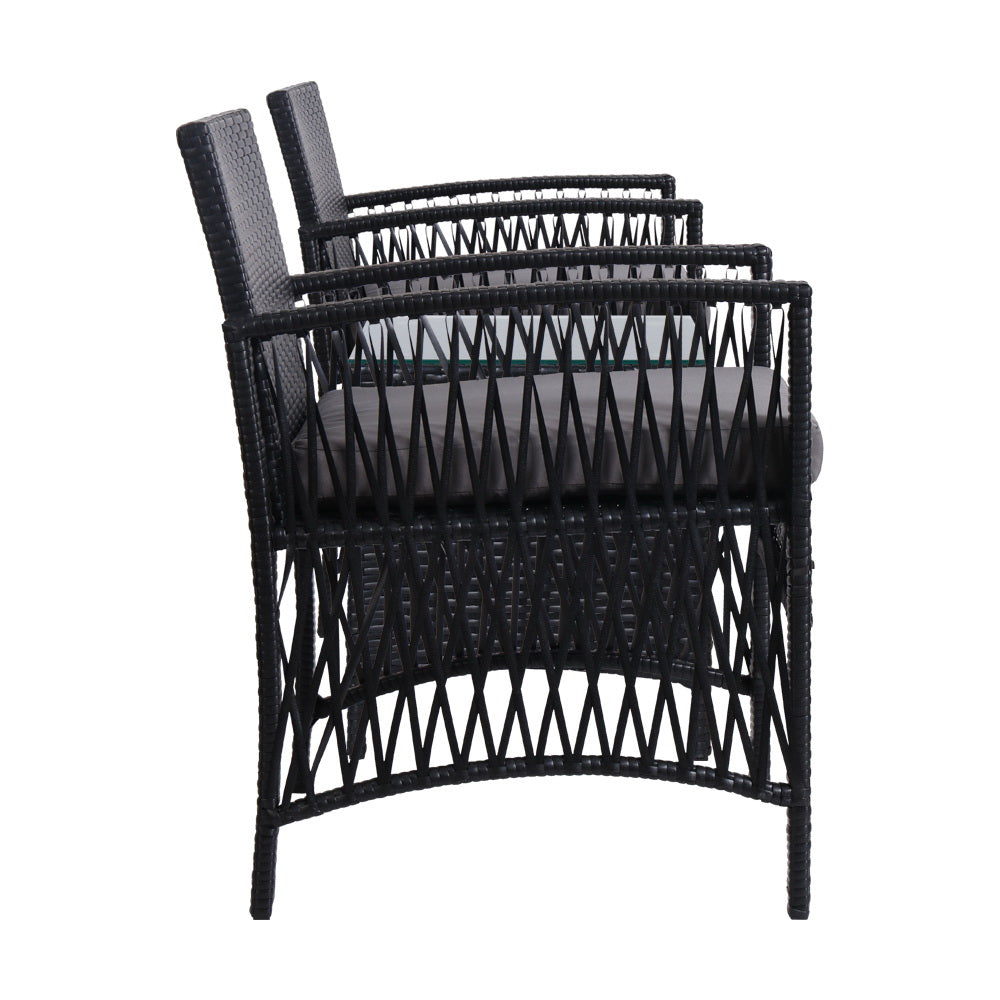 Gardeon 3PC Outdoor Bistro Set Wicker Dining Chairs Table Black