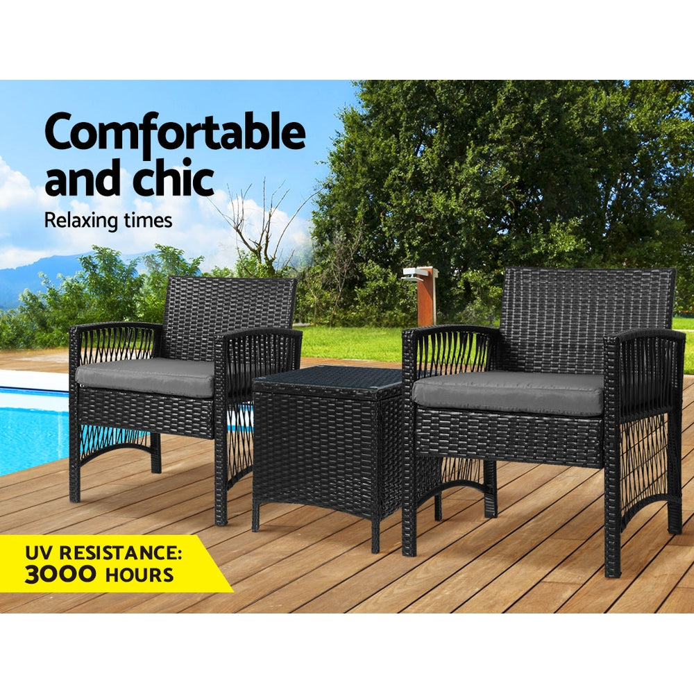 Gardeon 3PC Outdoor Bistro Set Wicker Dining Chairs Table Black