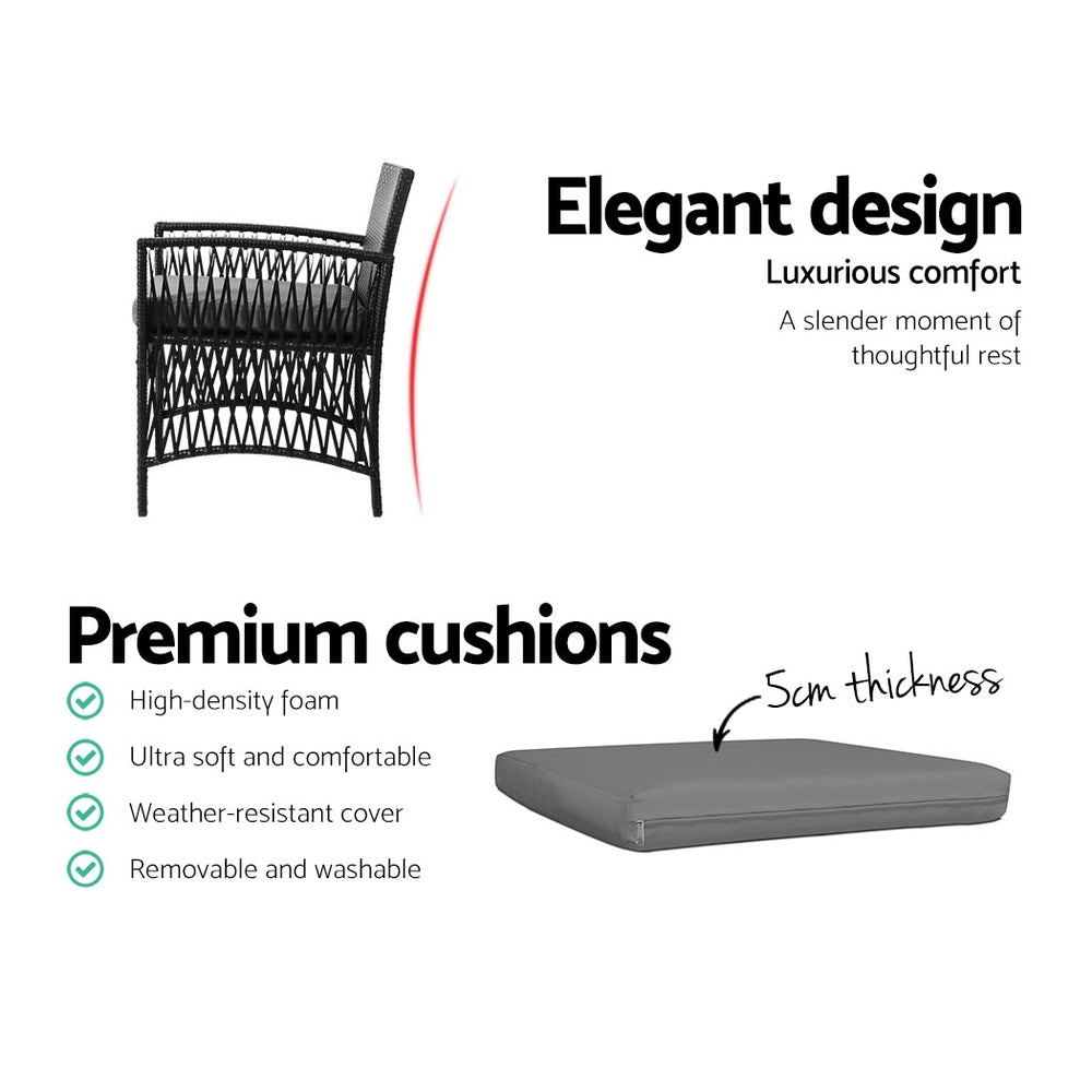 Gardeon 3PC Outdoor Bistro Set Wicker Dining Chairs Table Black