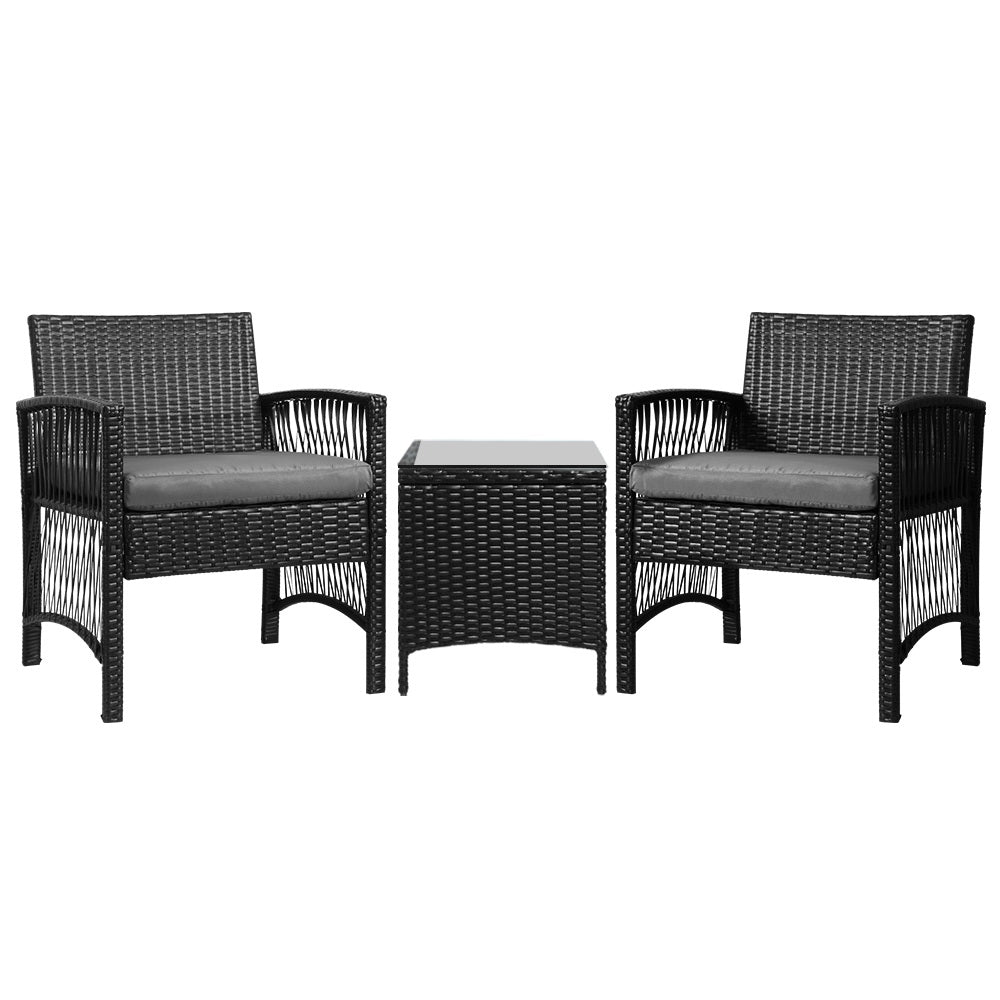 Gardeon 3PC Outdoor Bistro Set Wicker Dining Chairs Table Black