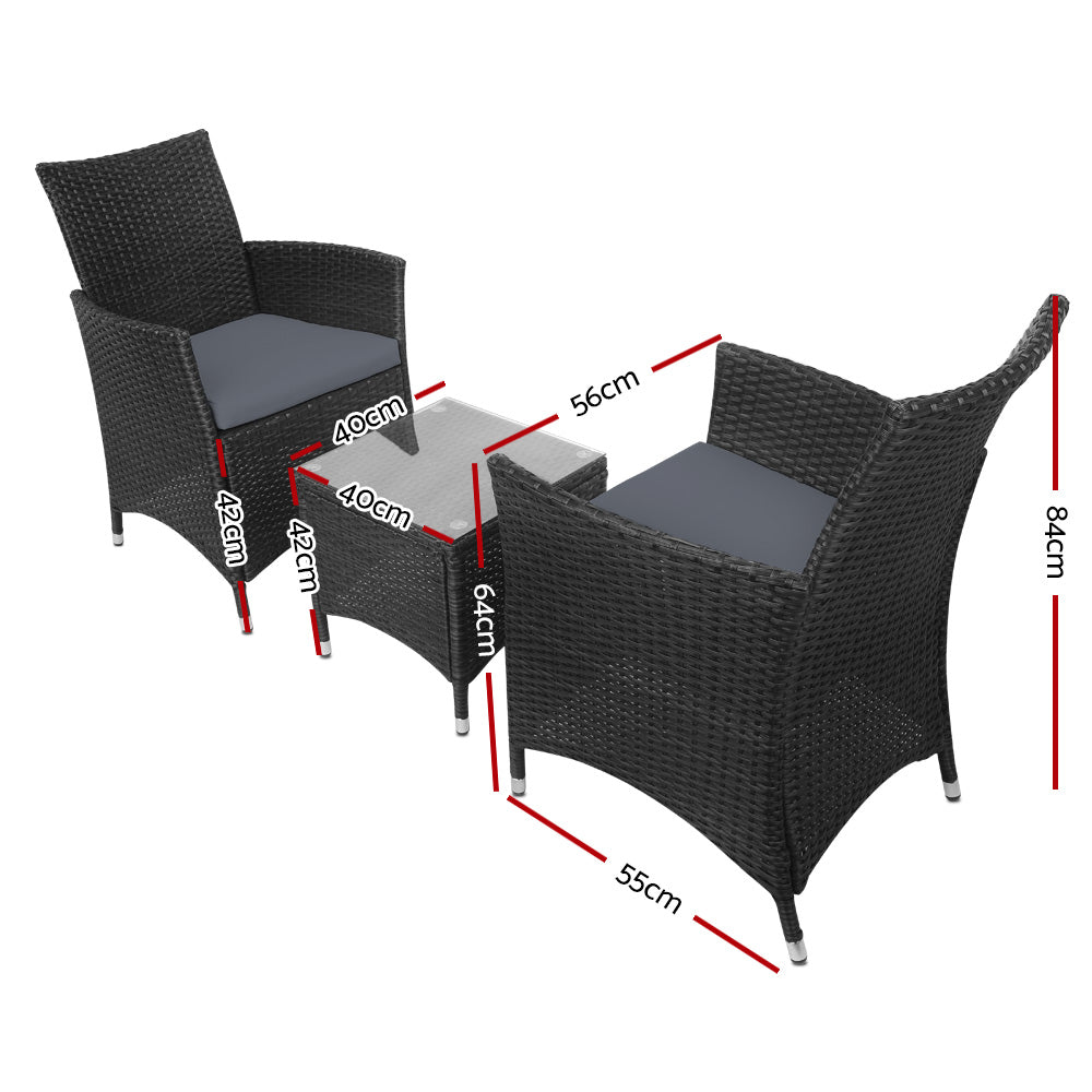 Gardeon 3PC Outdoor Bistro Set Wicker Chairs Table Black