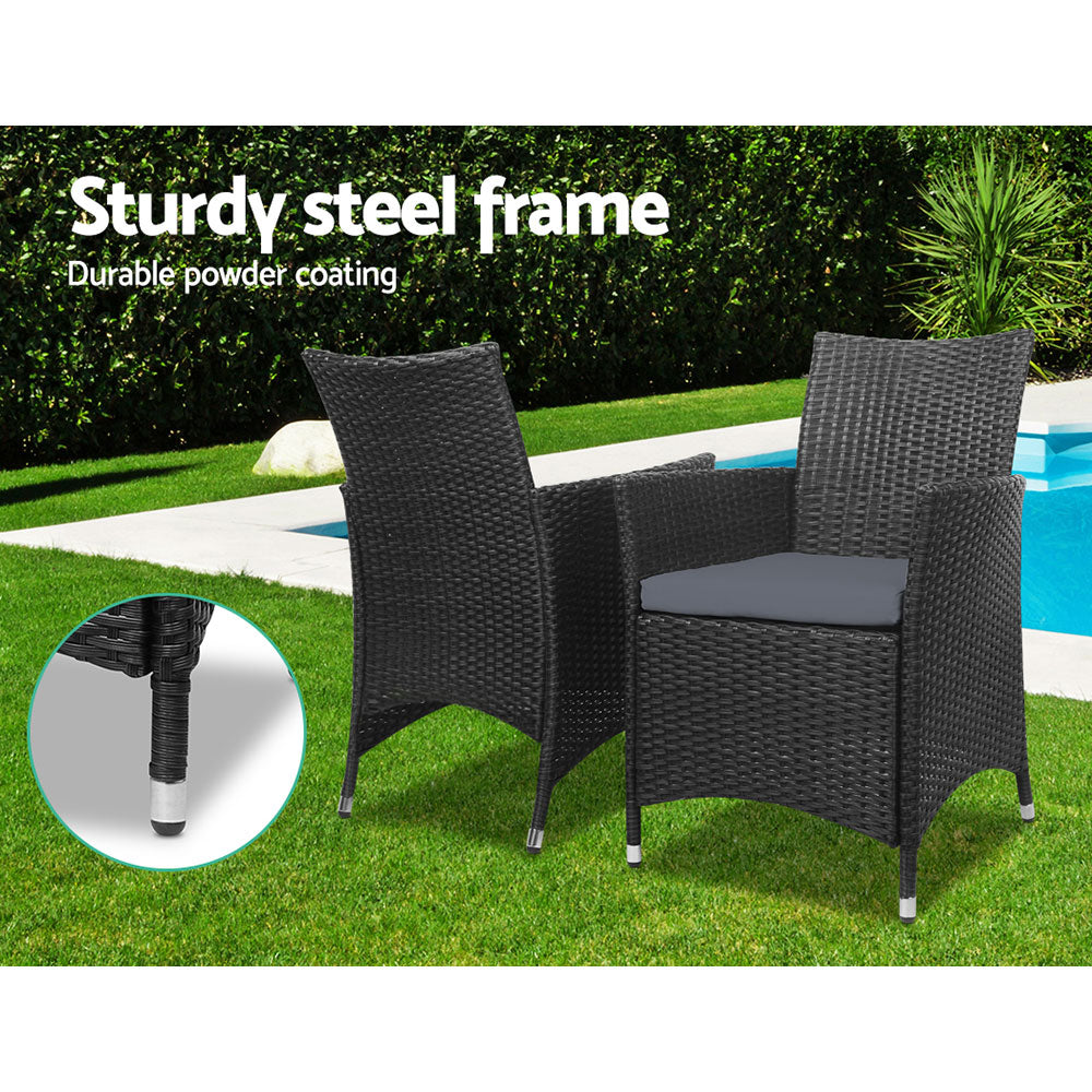 Gardeon 3PC Outdoor Bistro Set Wicker Chairs Table Black