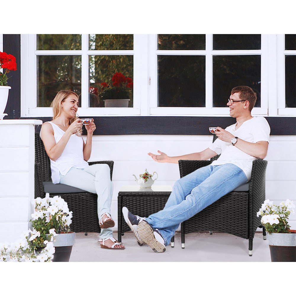 Gardeon 3PC Outdoor Bistro Set Wicker Chairs Table Black