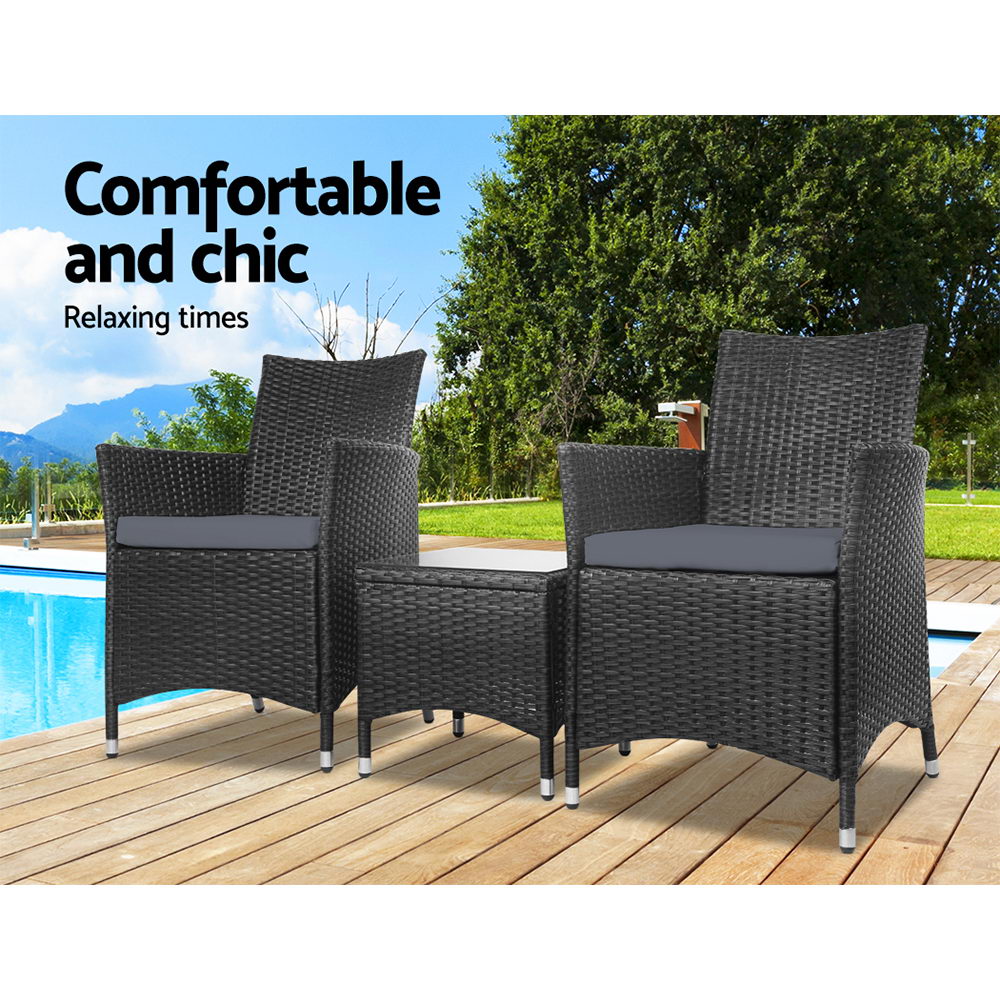 Gardeon 3PC Outdoor Bistro Set Wicker Chairs Table Black