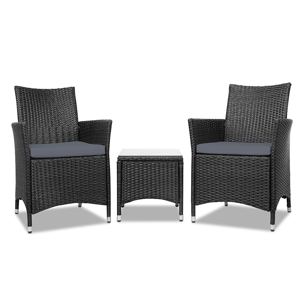 Gardeon 3PC Outdoor Bistro Set Wicker Chairs Table Black