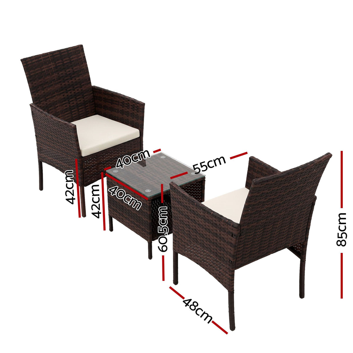 Gardeon 3PC Outdoor Wicker Bistro Set Chairs and Table Brown