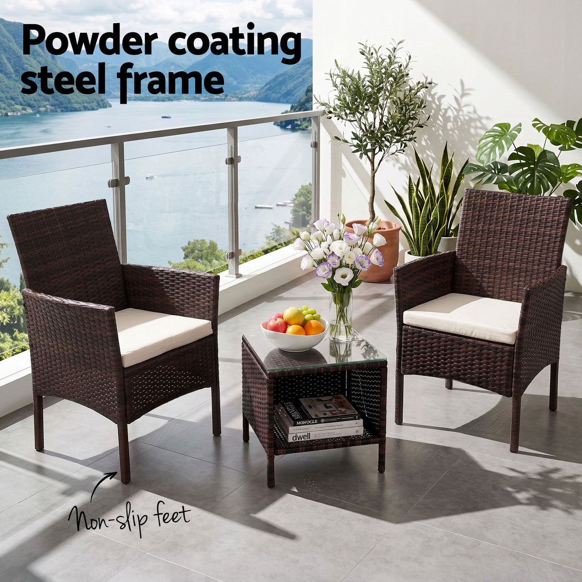 Gardeon 3PC Outdoor Wicker Bistro Set Chairs and Table Brown
