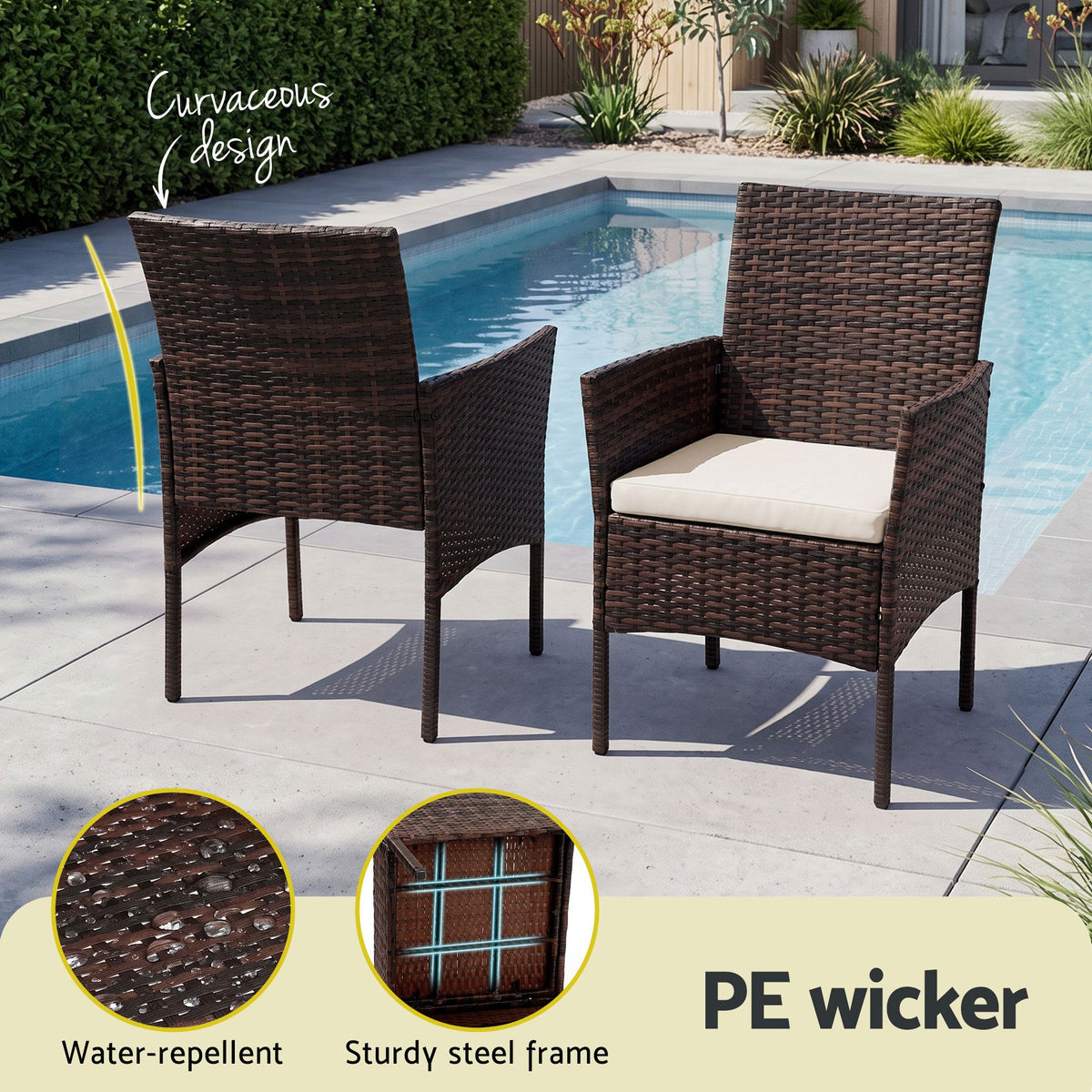 Gardeon 3PC Outdoor Wicker Bistro Set Chairs and Table Brown
