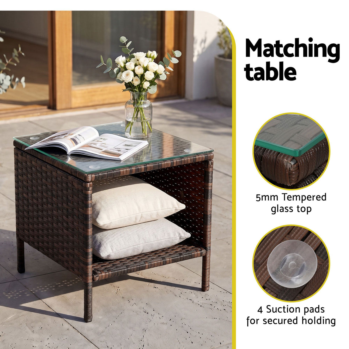 Gardeon 3PC Outdoor Wicker Bistro Set Chairs and Table Brown