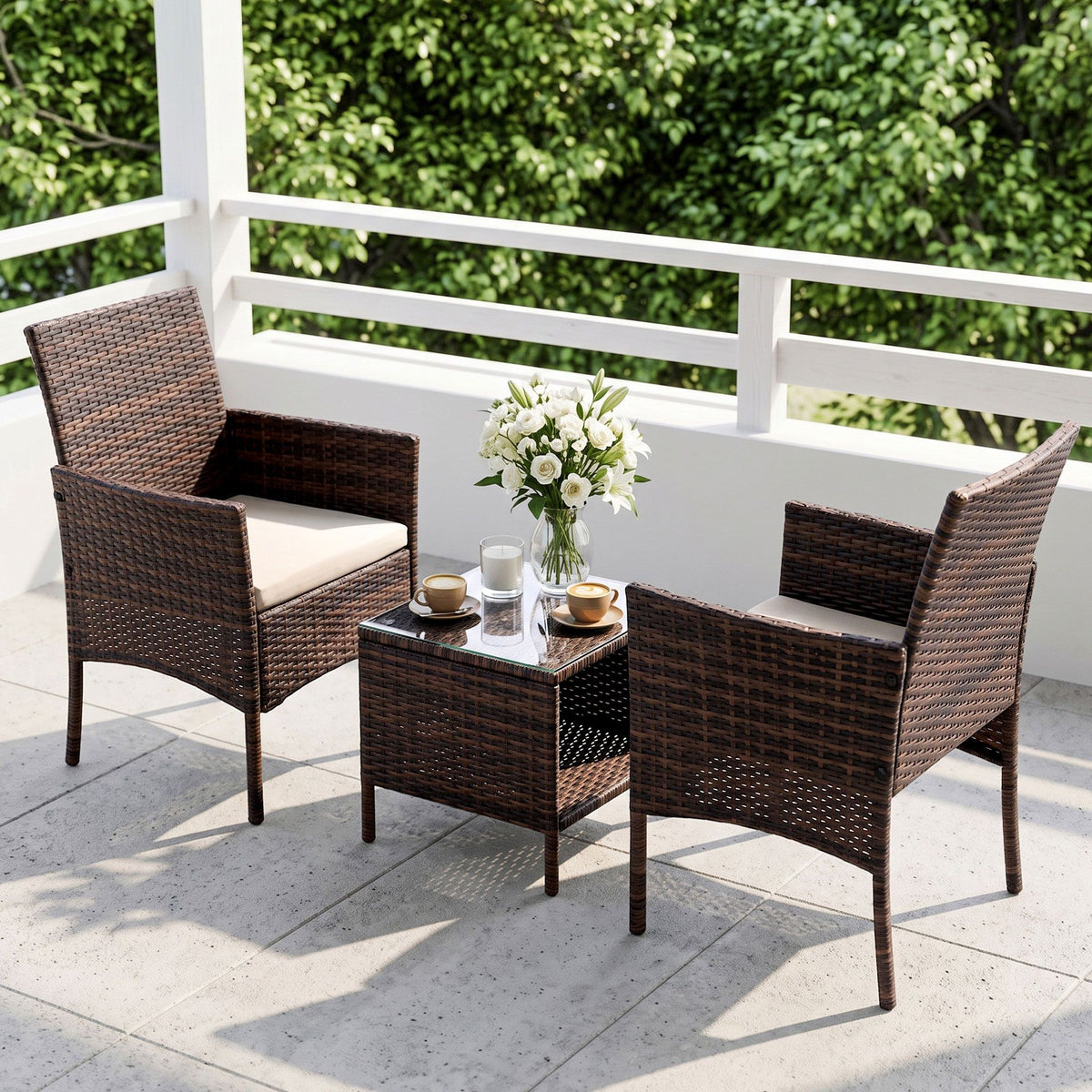Gardeon 3PC Outdoor Wicker Bistro Set Chairs and Table Brown