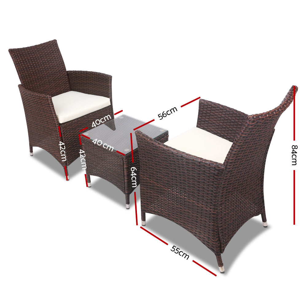 Gardeon 3PC Outdoor Wicker Bistro Set Brown Cushioned Chairs Table