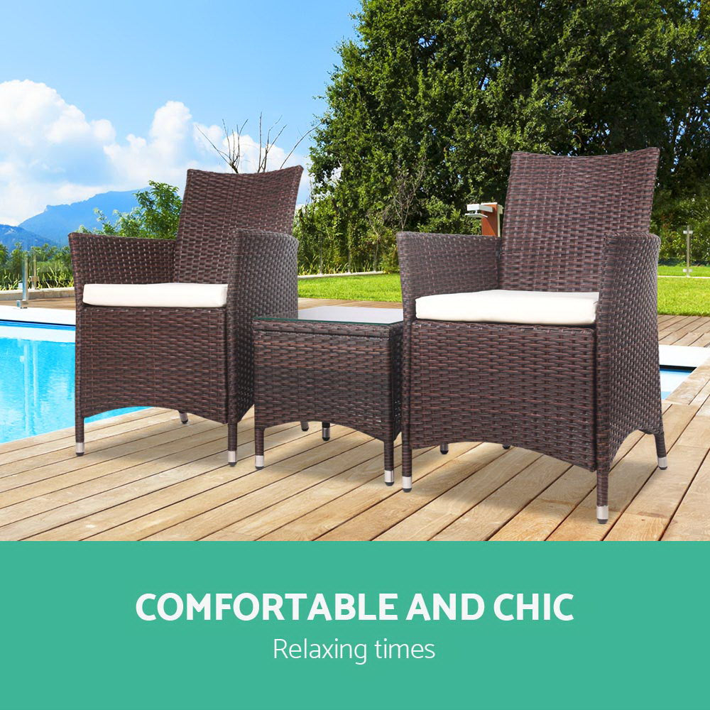 Gardeon 3PC Outdoor Wicker Bistro Set Brown Cushioned Chairs Table