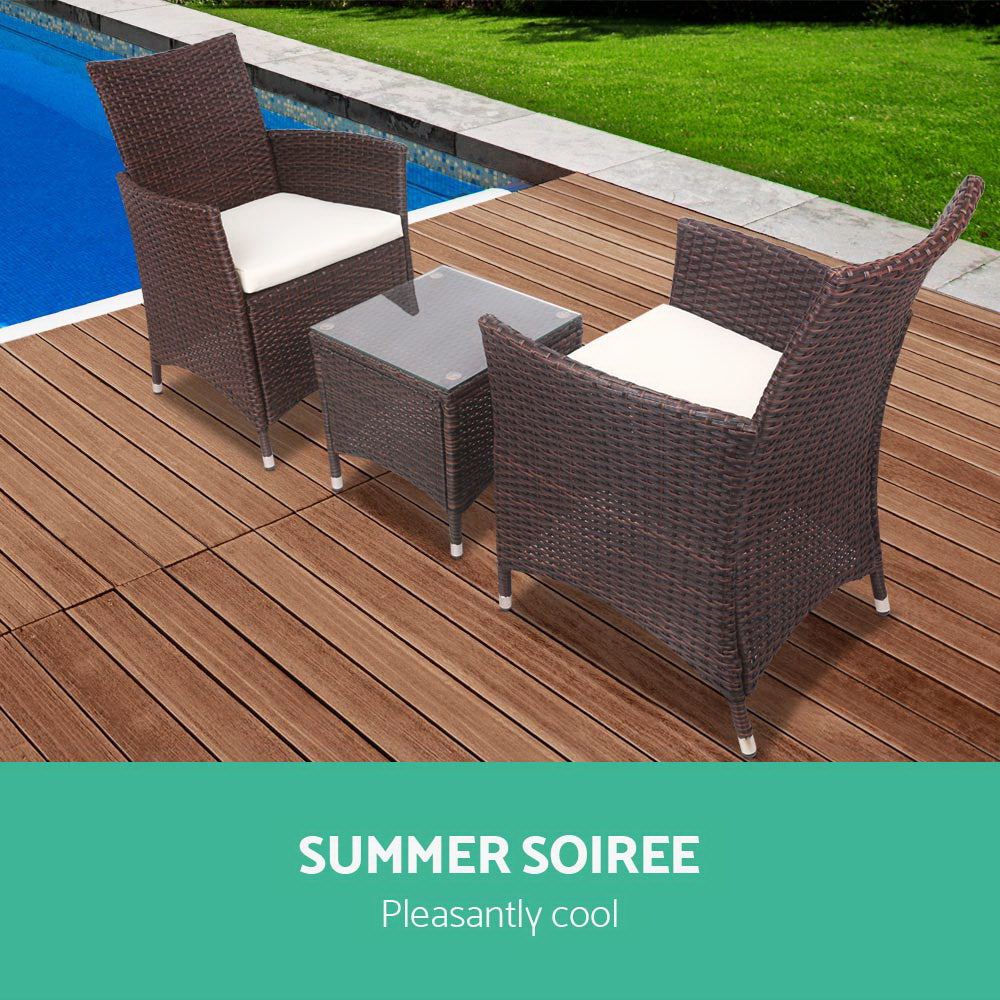 Gardeon 3PC Outdoor Wicker Bistro Set Brown Cushioned Chairs Table