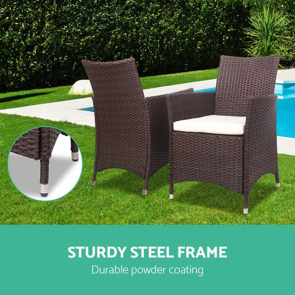 Gardeon 3PC Outdoor Wicker Bistro Set Brown Cushioned Chairs Table