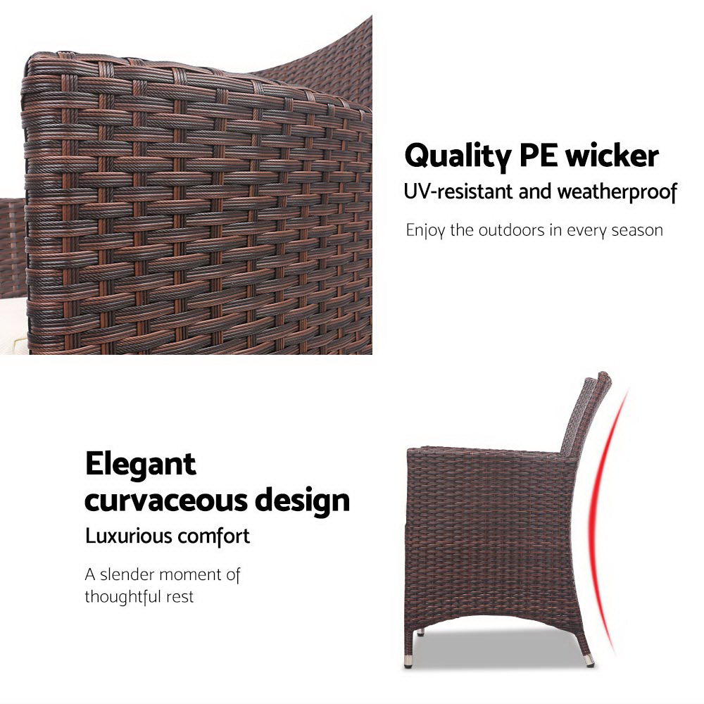 Gardeon 3PC Outdoor Wicker Bistro Set Brown Cushioned Chairs Table