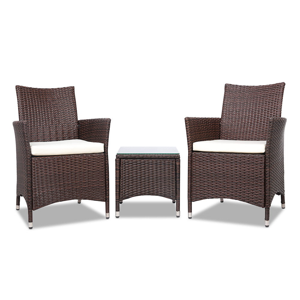 Gardeon 3PC Outdoor Wicker Bistro Set Brown Cushioned Chairs Table