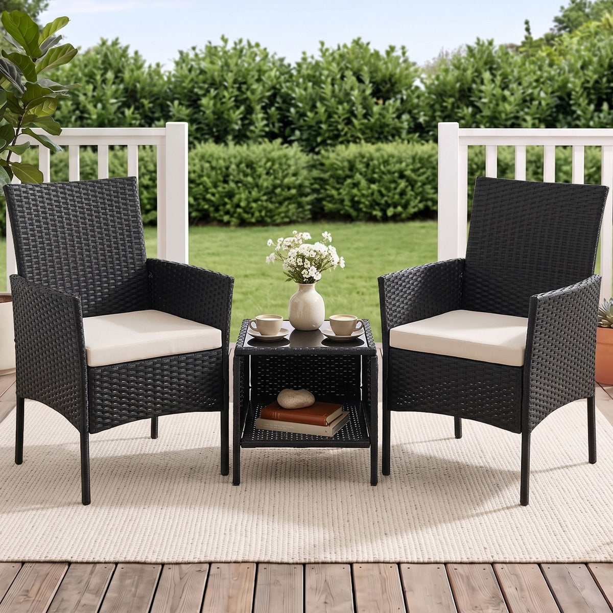 Gardeon 3 Piece Outdoor Bistro Set Wicker Chairs Table All Black
