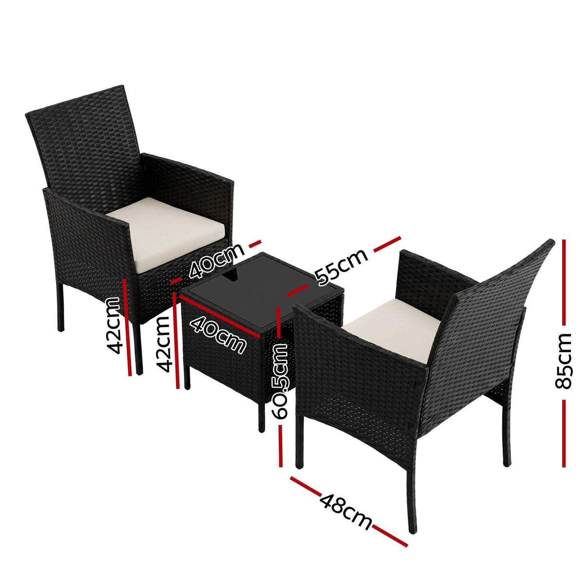 Gardeon 3 Piece Outdoor Bistro Set Wicker Chairs Table All Black