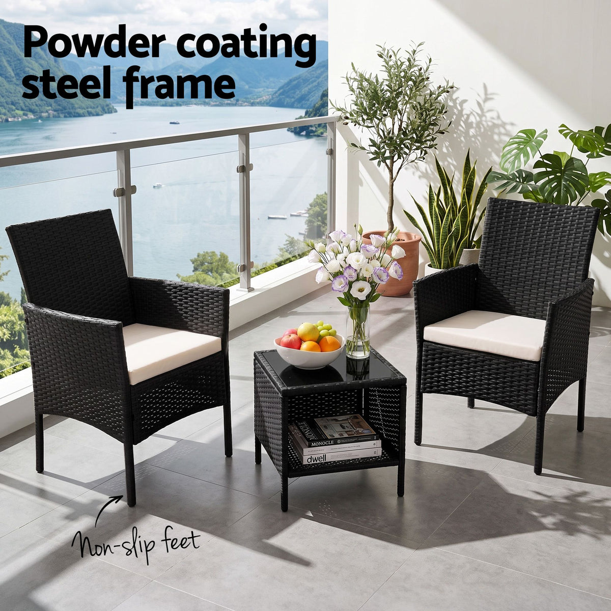 Gardeon 3 Piece Outdoor Bistro Set Wicker Chairs Table All Black