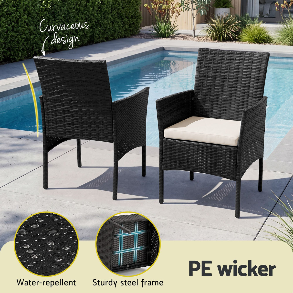 Gardeon 3 Piece Outdoor Bistro Set Wicker Chairs Table All Black