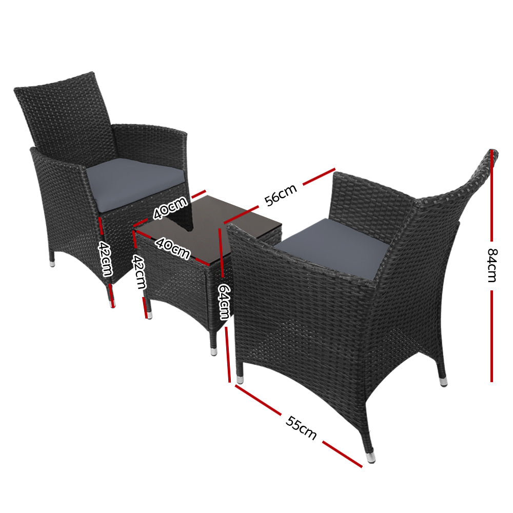 Gardeon 3PC Outdoor Bistro Set Wicker Chairs Table Black