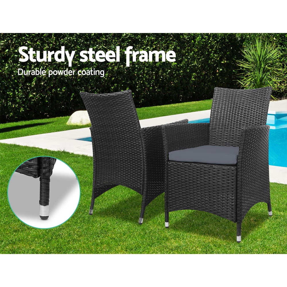 Gardeon 3PC Outdoor Bistro Set Wicker Chairs Table Black
