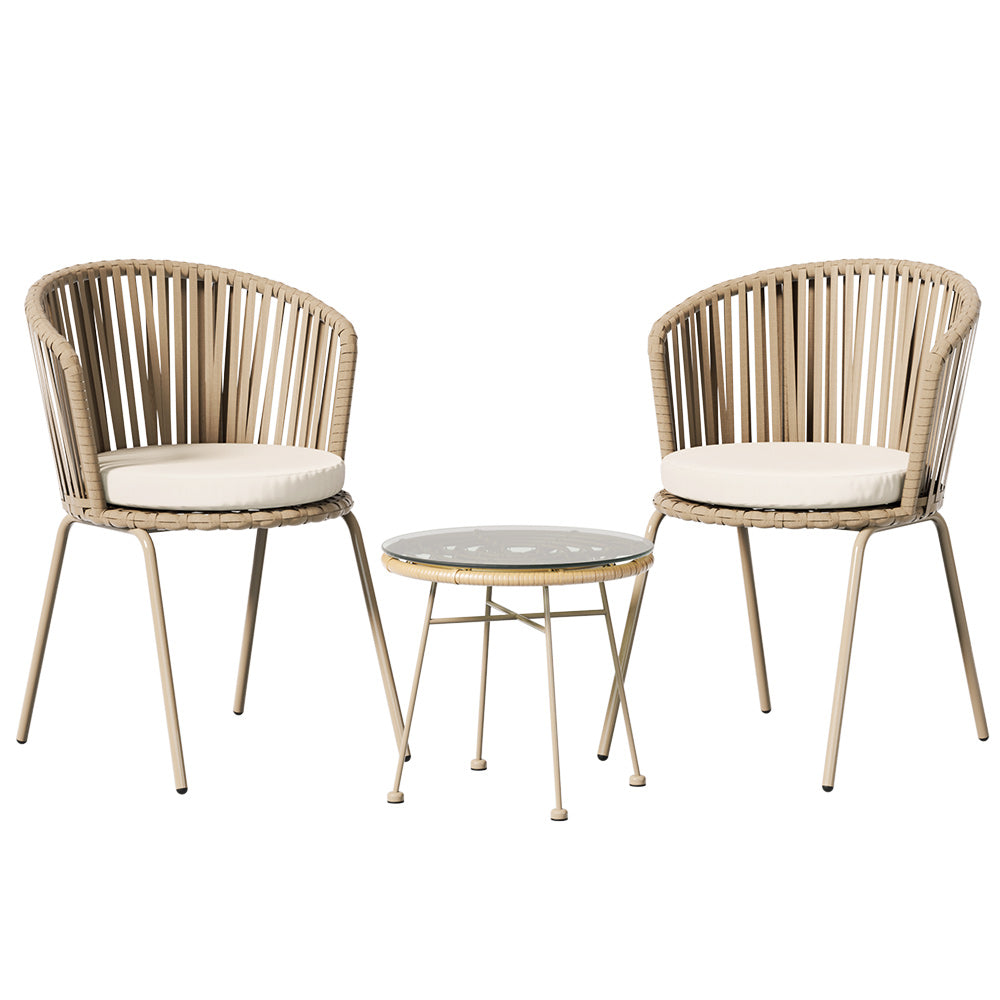 Gardeon 3PC Outdoor Bistro Set Rope Chairs Table Beige