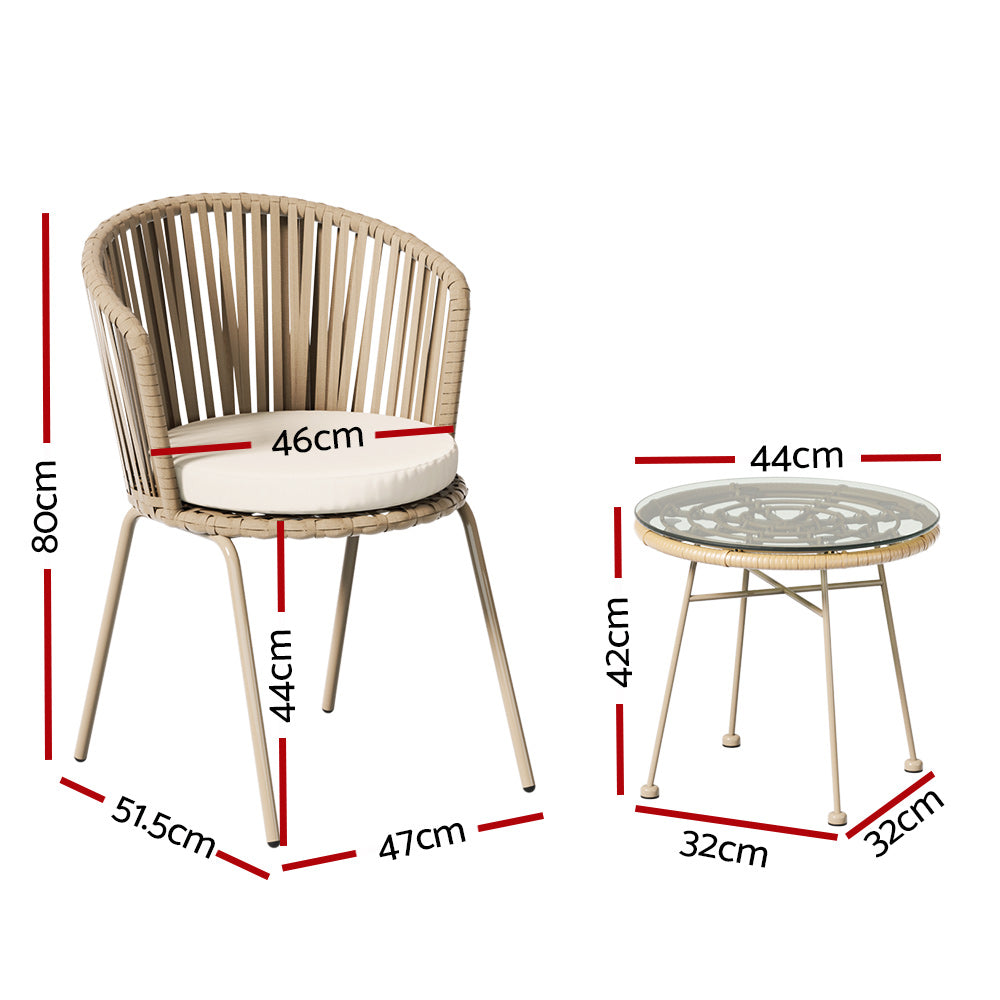 Gardeon 3PC Outdoor Bistro Set Rope Chairs Table Beige