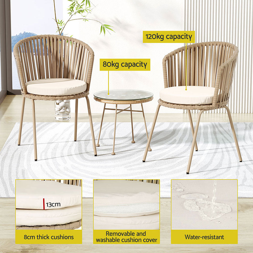 Gardeon 3PC Outdoor Bistro Set Rope Chairs Table Beige