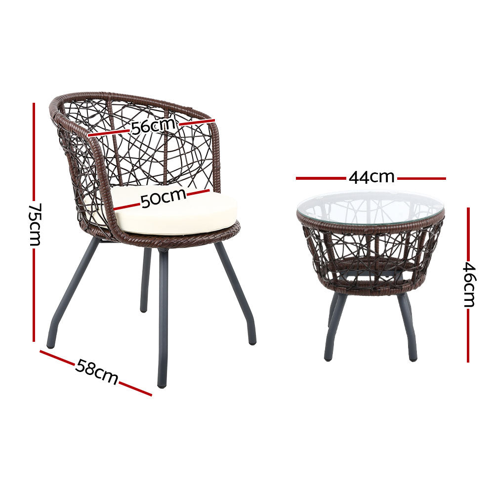Gardeon 3PC Outdoor Bistro Set Rattan Table Chairs Brown