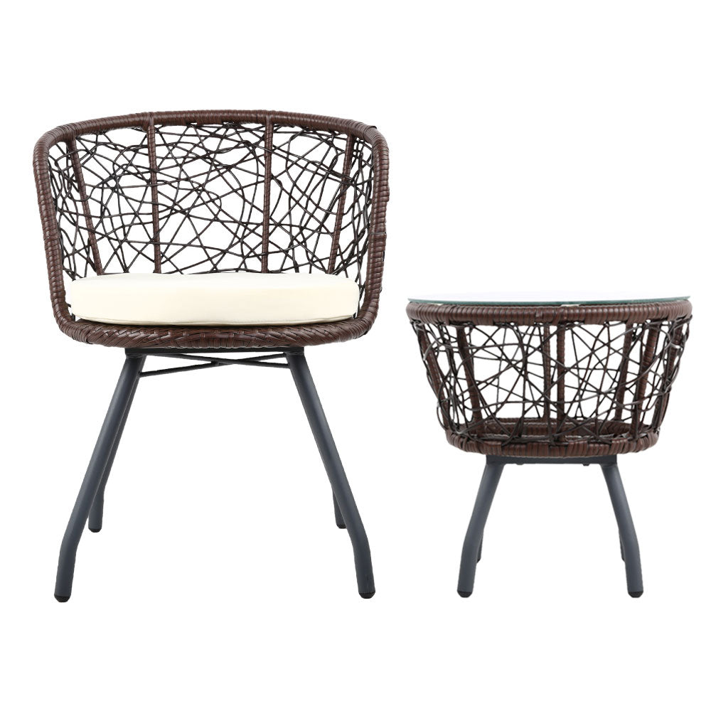 Gardeon 3PC Outdoor Bistro Set Rattan Table Chairs Brown