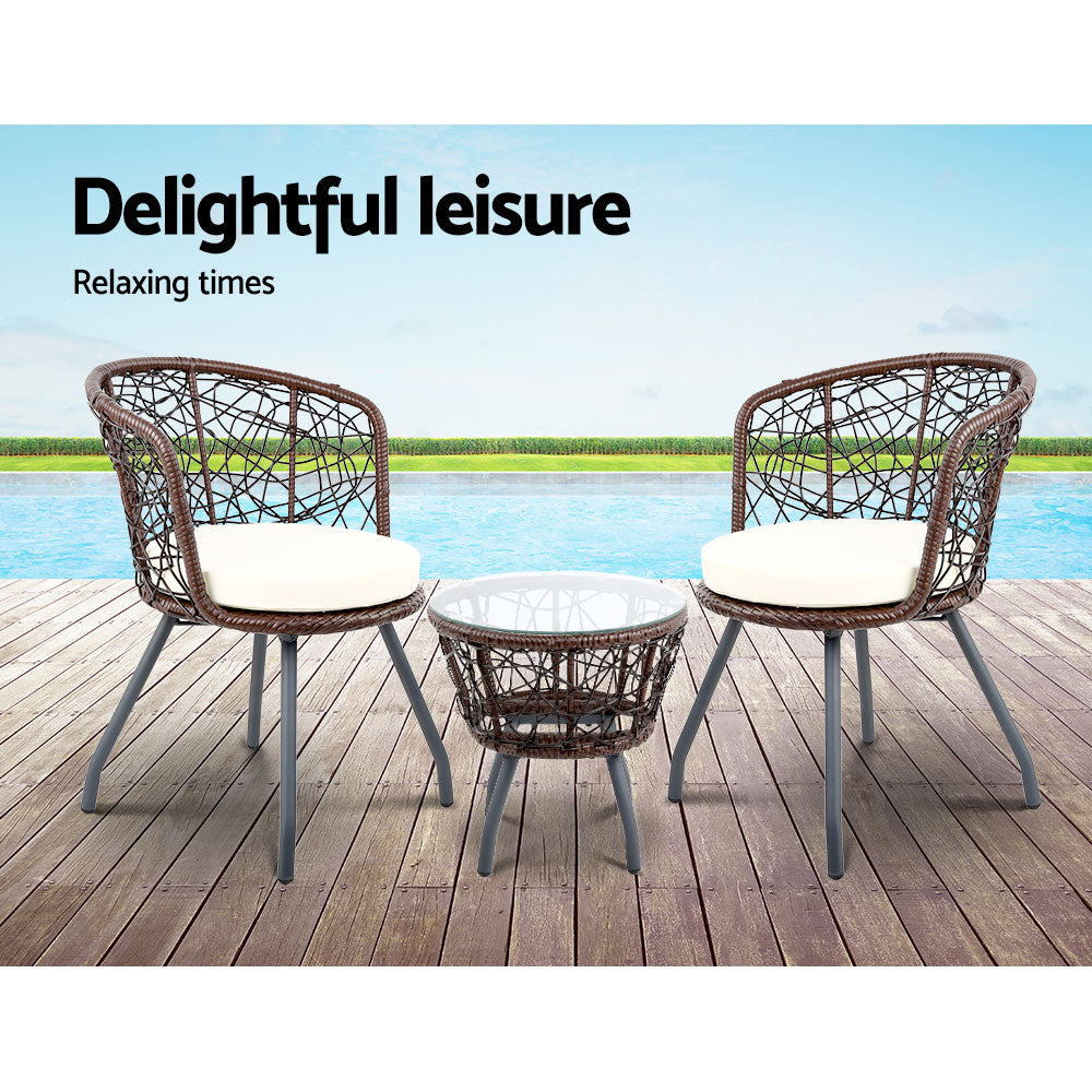 Gardeon 3PC Outdoor Bistro Set Rattan Table Chairs Brown
