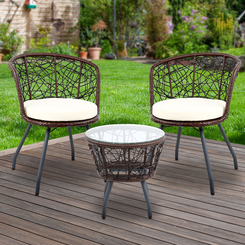 Gardeon 3PC Outdoor Bistro Set Rattan Table Chairs Brown