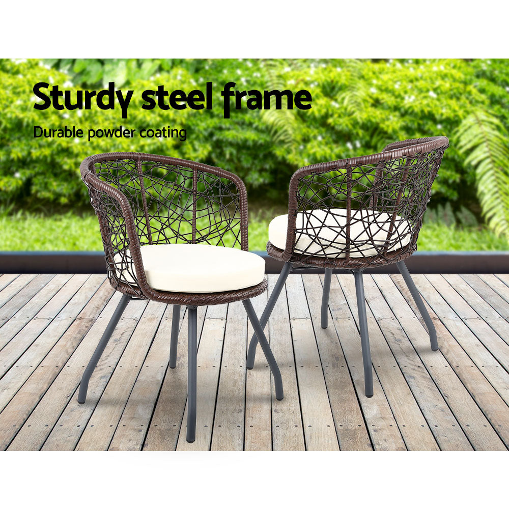 Gardeon 3PC Outdoor Bistro Set Rattan Table Chairs Brown