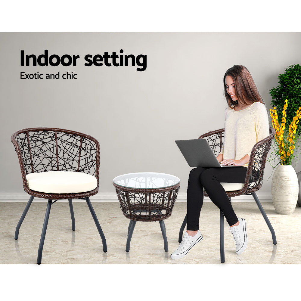 Gardeon 3PC Outdoor Bistro Set Rattan Table Chairs Brown
