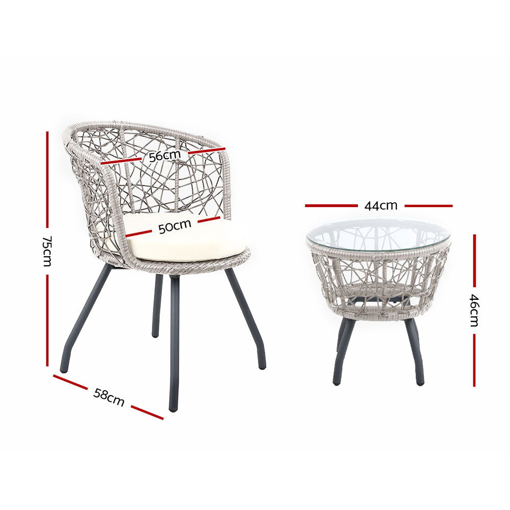 Gardeon 3PC Outdoor Bistro Set Rattan Table Chairs Grey