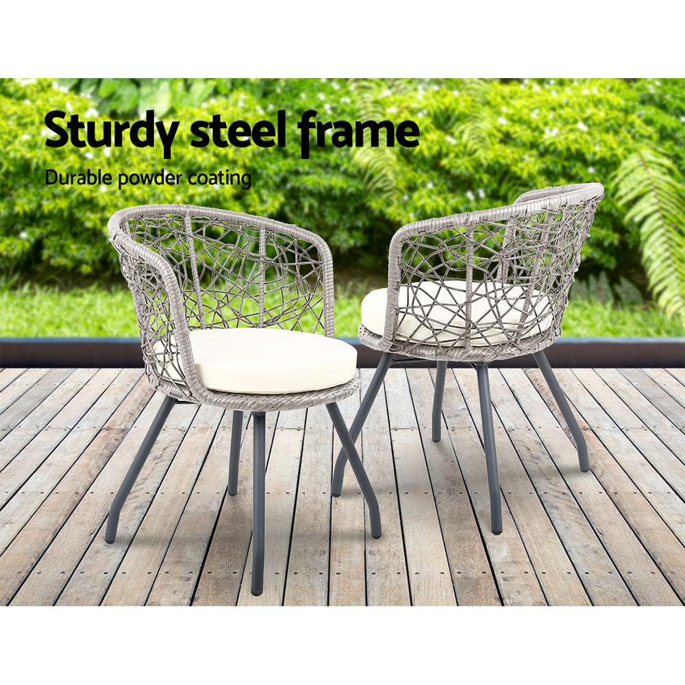 Gardeon 3PC Outdoor Bistro Set Rattan Table Chairs Grey