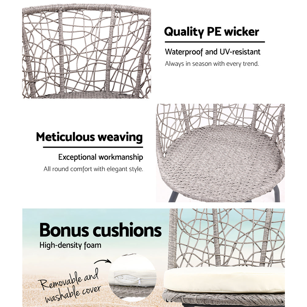 Gardeon 3PC Outdoor Bistro Set Rattan Table Chairs Grey