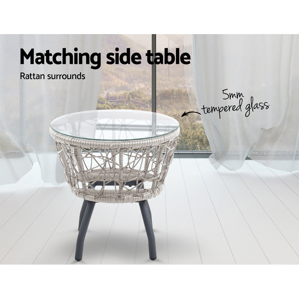 Gardeon 3PC Outdoor Bistro Set Rattan Table Chairs Grey