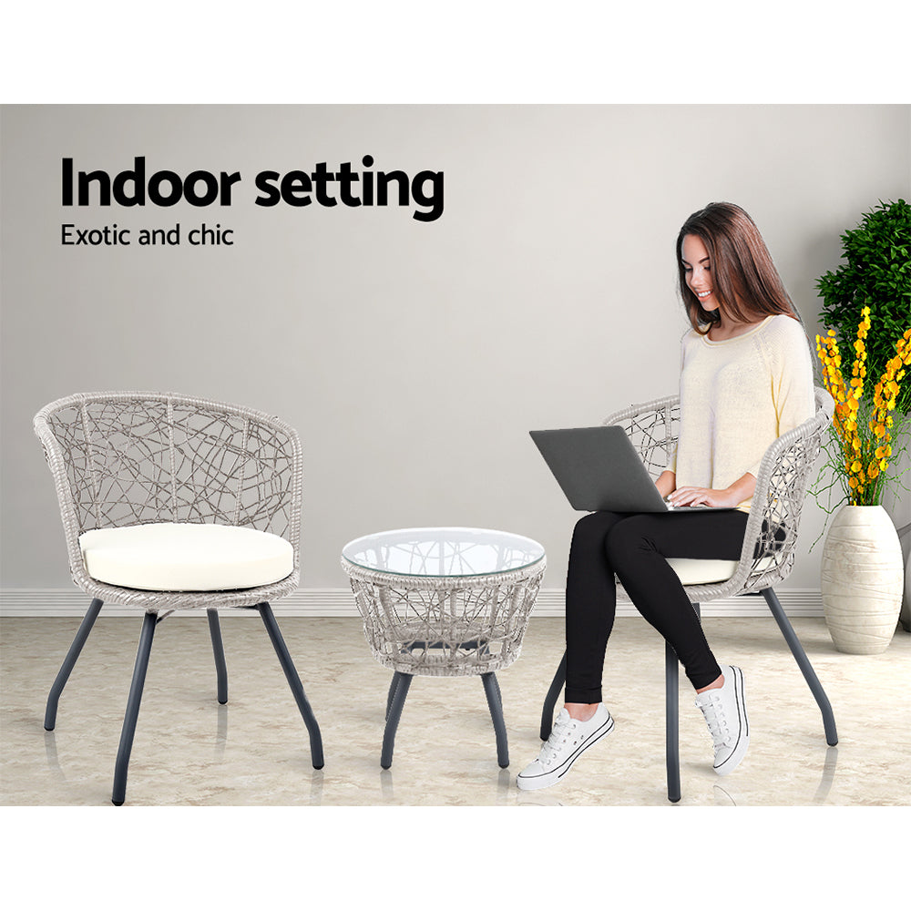 Gardeon 3PC Outdoor Bistro Set Rattan Table Chairs Grey