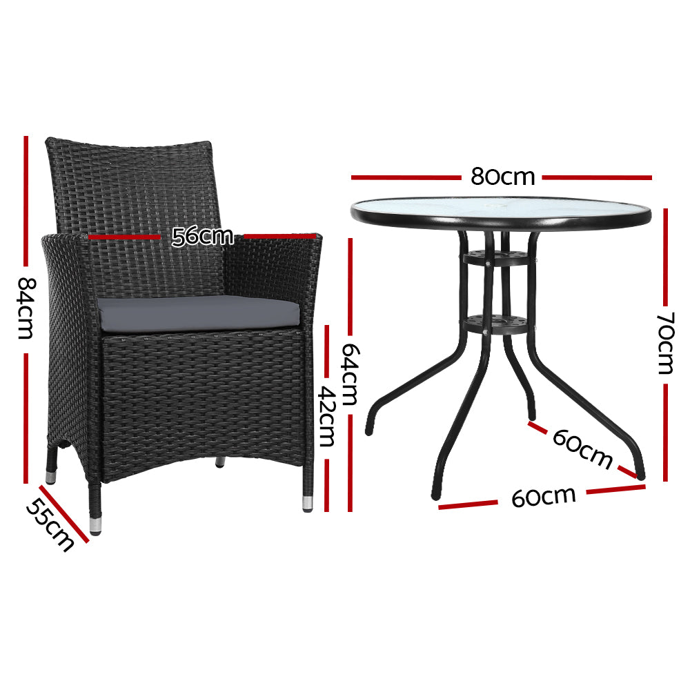 Idris 3PC Outdoor Bistro Set Rattan Table Chairs Black/Grey