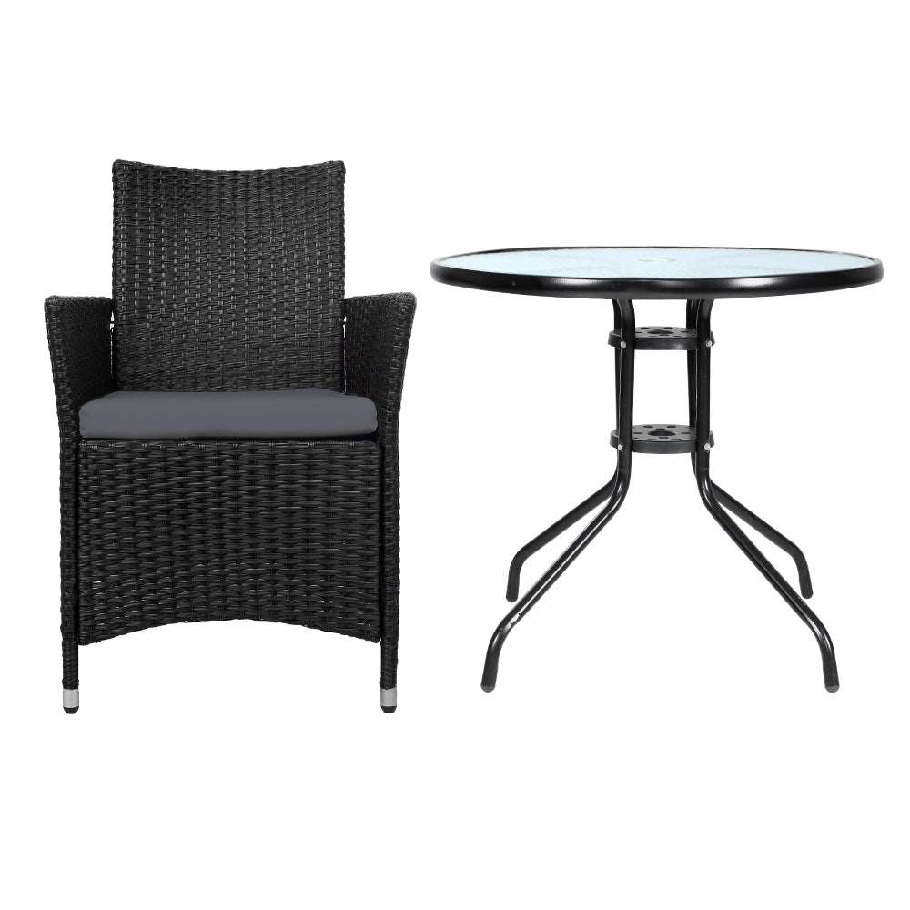 Idris 3PC Outdoor Bistro Set Rattan Table Chairs Black/Grey