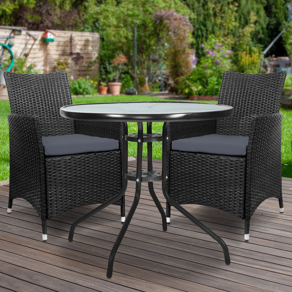 Idris 3PC Outdoor Bistro Set Rattan Table Chairs Black/Grey
