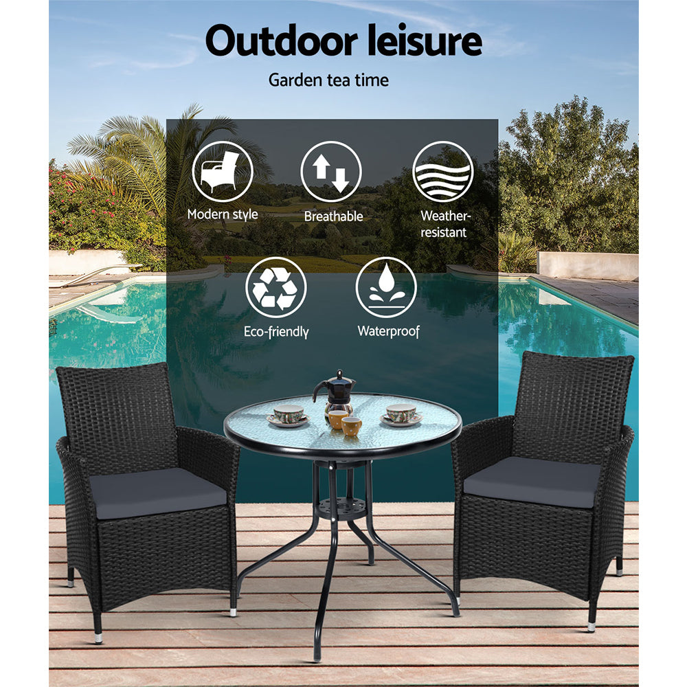 Idris 3PC Outdoor Bistro Set Rattan Table Chairs Black/Grey