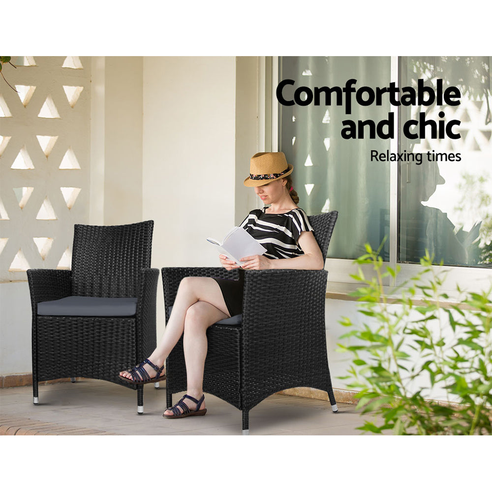 Idris 3PC Outdoor Bistro Set Rattan Table Chairs Black/Grey