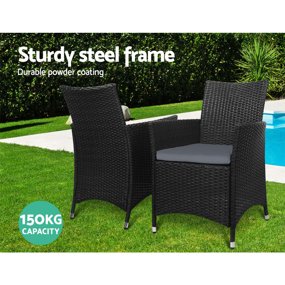 Idris 3PC Outdoor Bistro Set Rattan Table Chairs Black/Grey