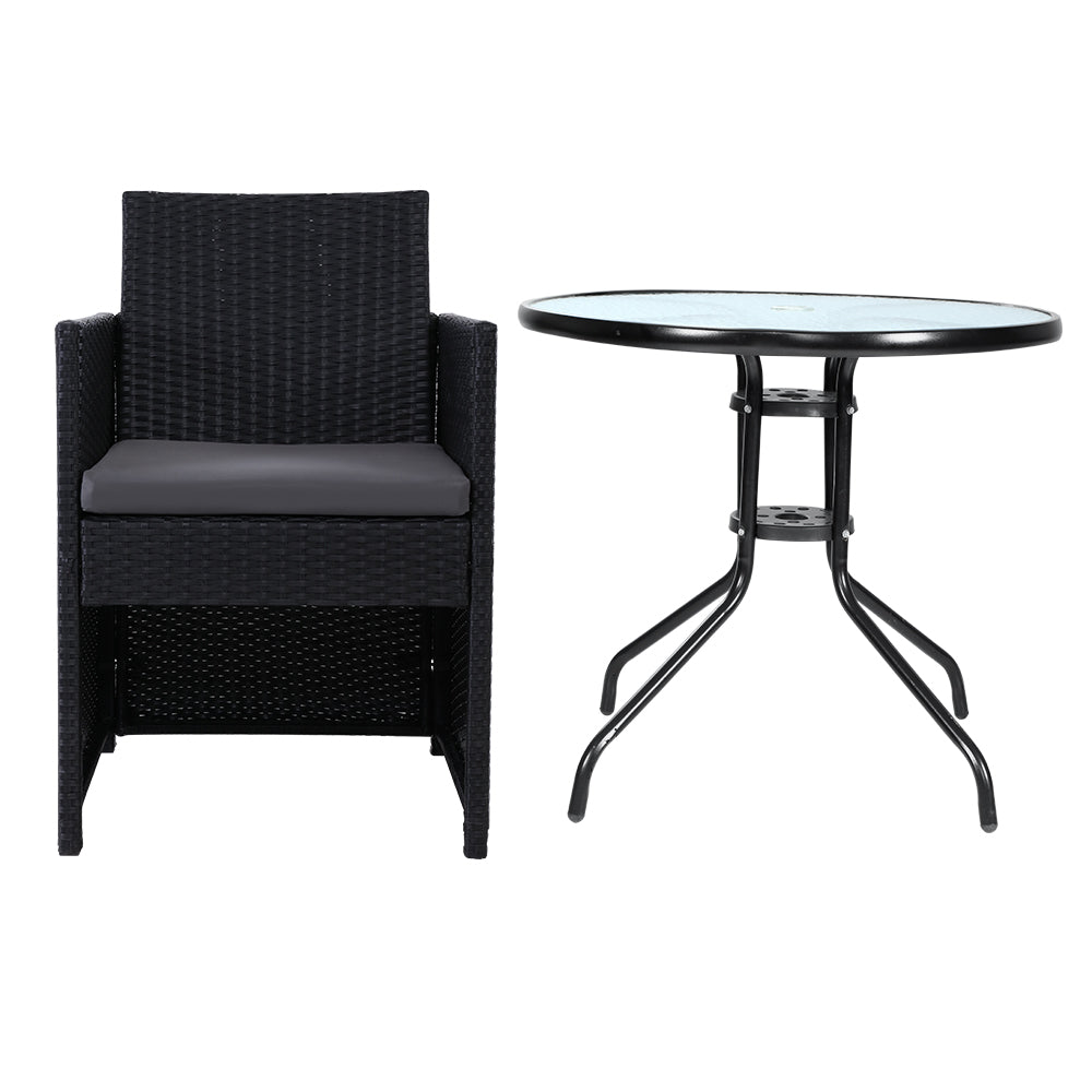 Hugo 3PC Outdoor Bistro Set Rattan Table Chairs Black