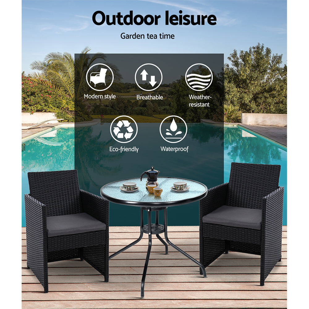 Hugo 3PC Outdoor Bistro Set Rattan Table Chairs Black